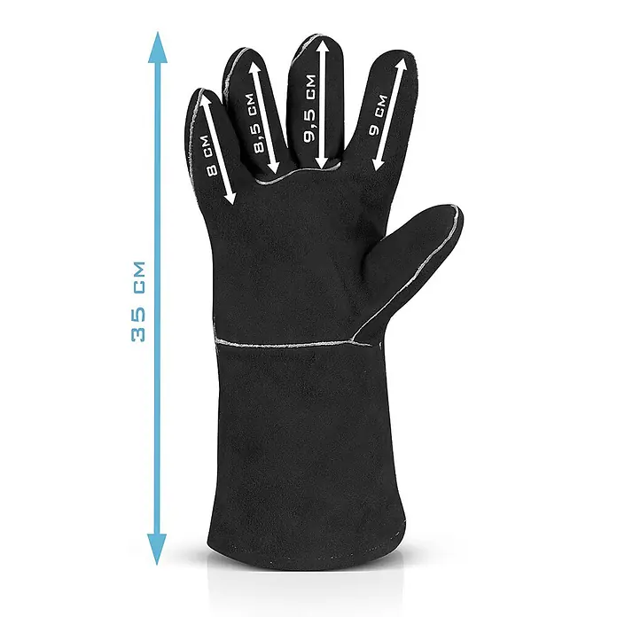 STAHLWERK Schweißerhandschuhe Schweißerschutzhandschuhe 2er Set - Universal, Schwarz, Sonstiges - Schwarzer Schutzhandschuh mit weißen Nähten, zeigt Gesamtlänge und Fingerlängen.