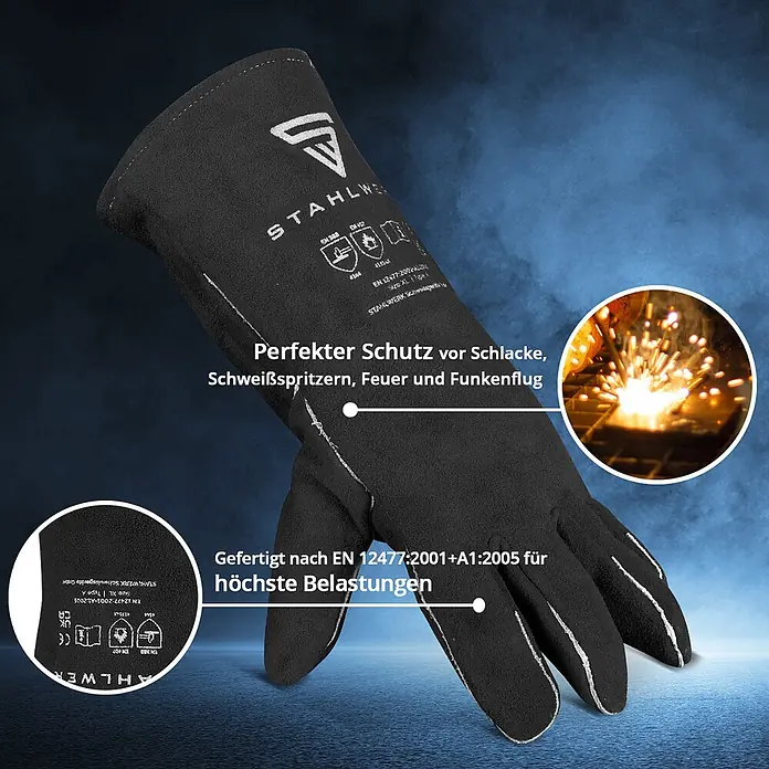 STAHLWERK Schweißerhandschuhe Schweißerschutzhandschuhe 2er Set - Universal, Schwarz, Sonstiges - Schwarzer Schweißerhandschuh mit weißen Nähten, schützt vor Schlacke, Spritzern, Feuer und Funken, zertifiziert nach EN 12477.