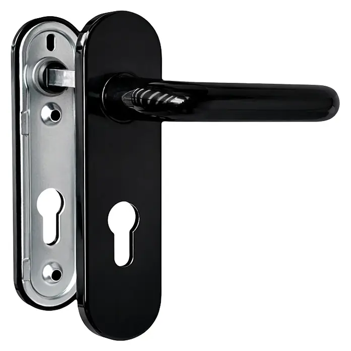 Roper Juego de manillas y bombín para puerta cortafuegos - Negro, Acero - Juego de manillas negras con placa negra, bocallaves y roseta plateada.