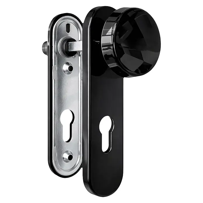 Roper Conjunto de picaporte cortafuego con pomo - Negro, Acero - Pomo de puerta negro facetado y placa brillante con ojo de cerradura, con una placa de montaje plateada.