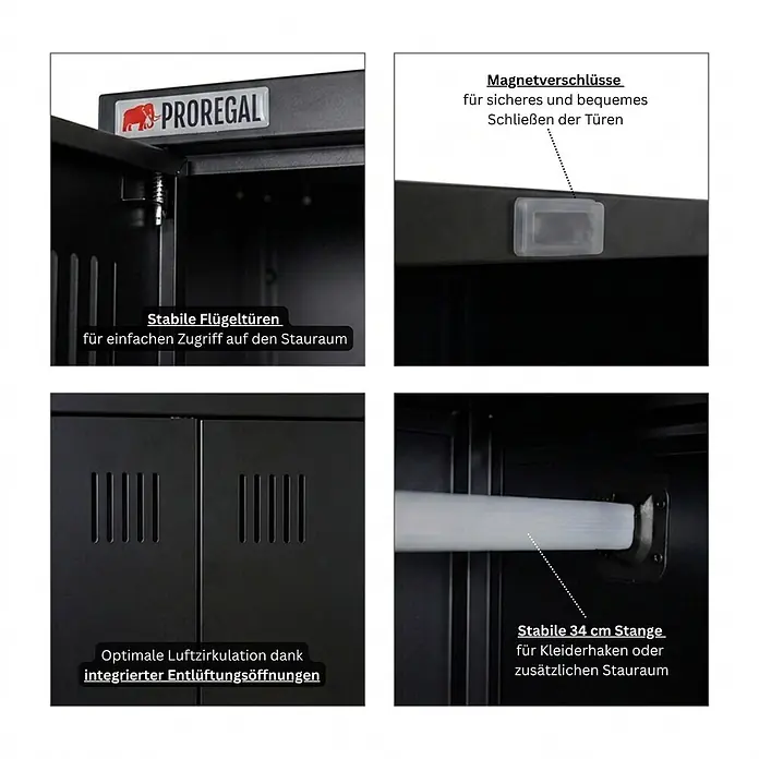Proregal Metall-Mehrzweckschrank Mega Deal 4x RHINO mit 2 Türen, abschließbar - 30 x 70 x 170 cm, Schwarz - Schwarzer Metallschrank mit stabilen Flügeltüren, Magnetverschlüssen, Lüftungsschlitzen und einer 34 cm Kleiderstange.