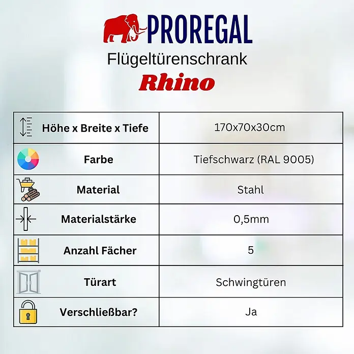 Proregal Metall-Mehrzweckschrank Mega Deal 4x RHINO mit 2 Türen, abschließbar - 30 x 70 x 170 cm, Schwarz - Spezifikationstabelle für PROREGAL Rhino Flügeltürenschrank: 170x70x30cm, tiefschwarz, Stahl, 5 Fächer, verschließbare Schwingtüren.