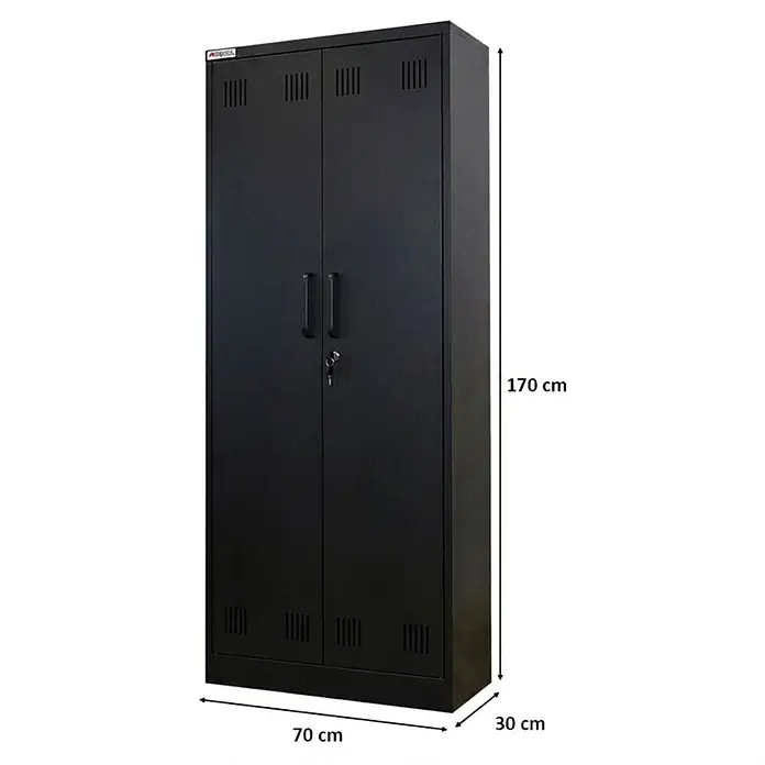 Proregal Metall-Mehrzweckschrank RHINO mit 2 Türen, abschließbar - 30 x 70 x 170 cm, Schwarz - Schwarzer zweitüriger Metallschrank mit Lüftungsschlitzen, Griffen und Schloss. Maße: 170x70x30 cm.