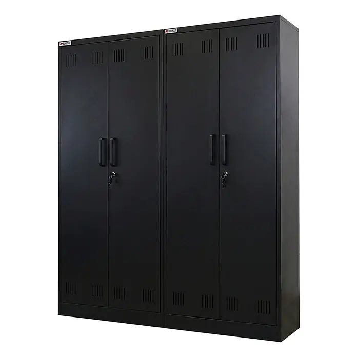 Proregal Metall-Mehrzweckschrank Mega Deal 5x RHINO mit 2 Türen, abschließbar - 30 x 70 x 170 cm, Schwarz - Zwei schwarze Metallspinde mit Belüftung, Griffen und Schlüsselschlössern zur sicheren Aufbewahrung.