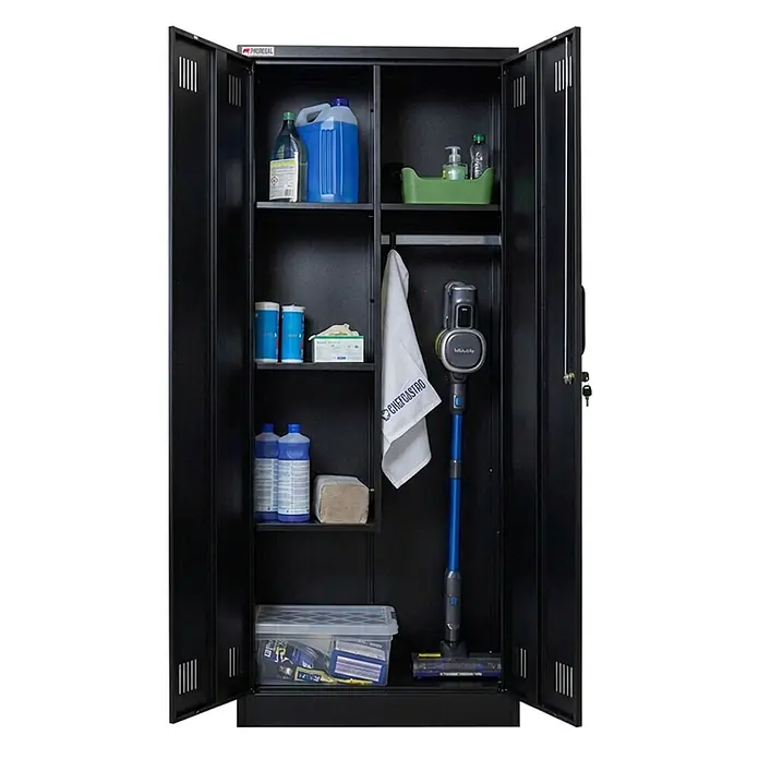 Proregal Metall-Mehrzweckschrank RHINO mit 2 Türen, abschließbar - 30 x 70 x 170 cm, Schwarz - Schwarzer Metall-Putzmittelschrank mit zwei Türen, zur Organisation von Reinigungsutensilien und einem Staubsauger.