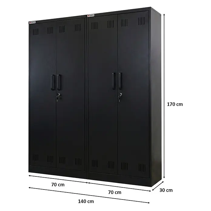 Proregal Metall-Mehrzweckschrank Mega Deal 5x RHINO mit 2 Türen, abschließbar - 30 x 70 x 170 cm, Schwarz - Schwarzer Metall-Spind mit 4 Türen, Griffen, Schlössern und Lüftungsschlitzen, 170x140x30 cm (HxBxT).