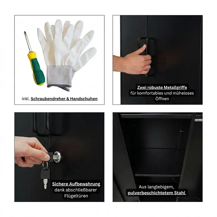 Proregal Metall-Mehrzweckschrank Mega Deal 4x RHINO mit 2 Türen, abschließbar - 30 x 70 x 170 cm, Schwarz - Schwarzer Metallschrank mit robusten Griffen, abschließbaren Türen und Pulverbeschichtung. Inklusive Schraubendreher und Handschuhen.