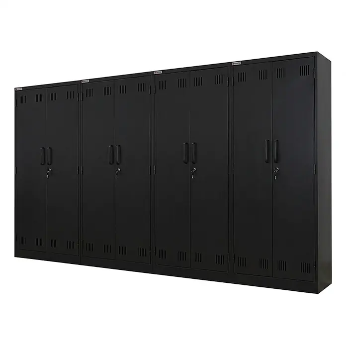 Proregal Metall-Mehrzweckschrank Mega Deal 2x RHINO mit 2 Türen, abschließbar - 30 x 70 x 170 cm, Schwarz - Reihe schwarzer Metall-Schließfächer mit mehreren Türen und Lüftungsschlitzen.