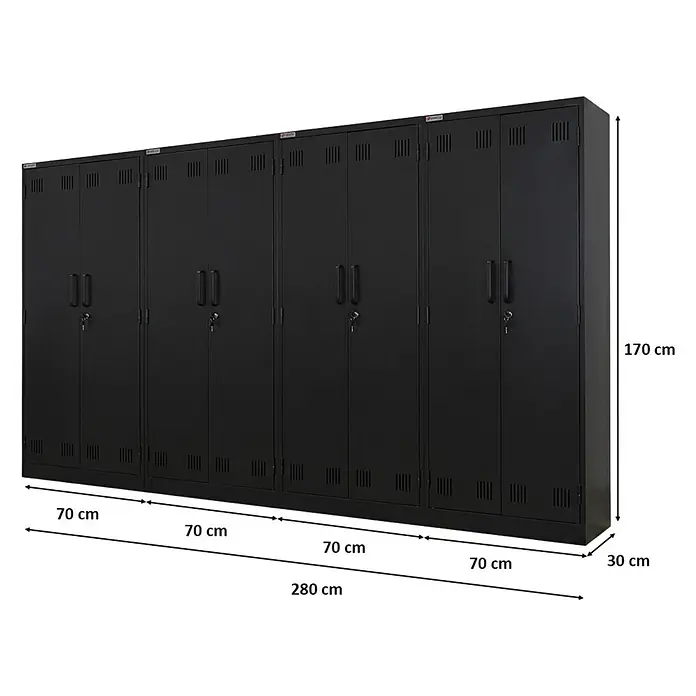 Proregal Metall-Mehrzweckschrank Mega Deal 2x RHINO mit 2 Türen, abschließbar - 30 x 70 x 170 cm, Schwarz - Vier schwarze Metall-Doppeltür-Spinde mit Griffen, Schlössern und Lüftungsschlitzen. Maße: 280x170x30 cm (BxHxT).