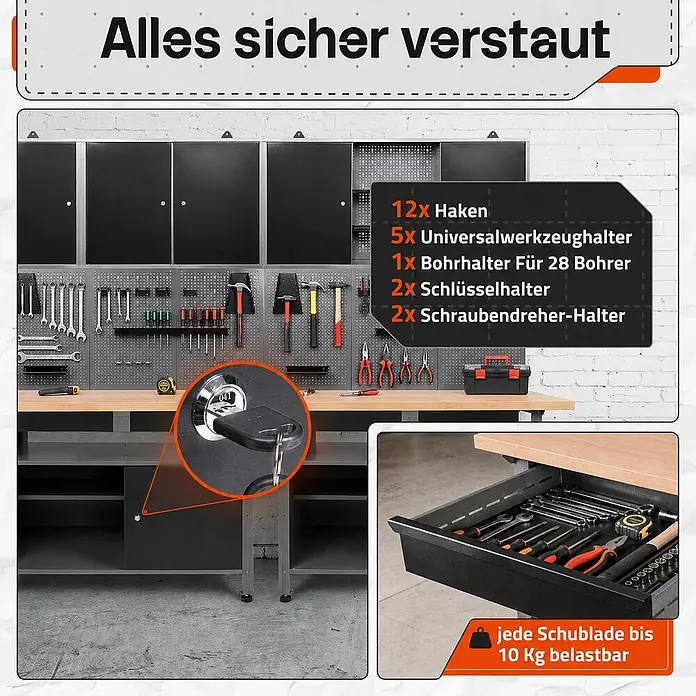 Ondis24 Werkbank-Set - L x B: 240 x 60 cm, Arbeitshöhe: 850 mm, Metall - Schwarzes Werkstatt-Aufbewahrungssystem mit Holzplatte, abschließbaren Schränken, diversen Werkzeughaltern und Schubladen mit je 10 kg Traglast.