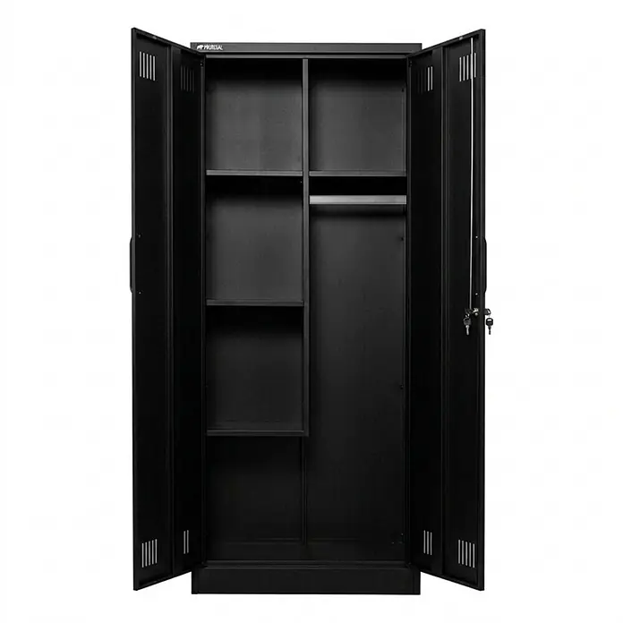 Proregal Metall-Mehrzweckschrank Mega Deal 4x RHINO mit 2 Türen, abschließbar - 30 x 70 x 170 cm, Schwarz - Schwarzer Metallschrank, offen, mit Regalen und Kleiderstange.