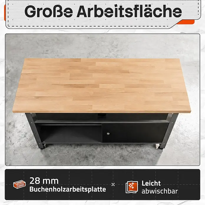 Ondis24 Werkbank-Set - Arbeitshöhe: 850 mm, Metall - Robuste Werkbank mit 28mm Buchenholzplatte und schwarzem Metallgestell, großer, leicht abwischbarer Arbeitsfläche und Ablagefächern.