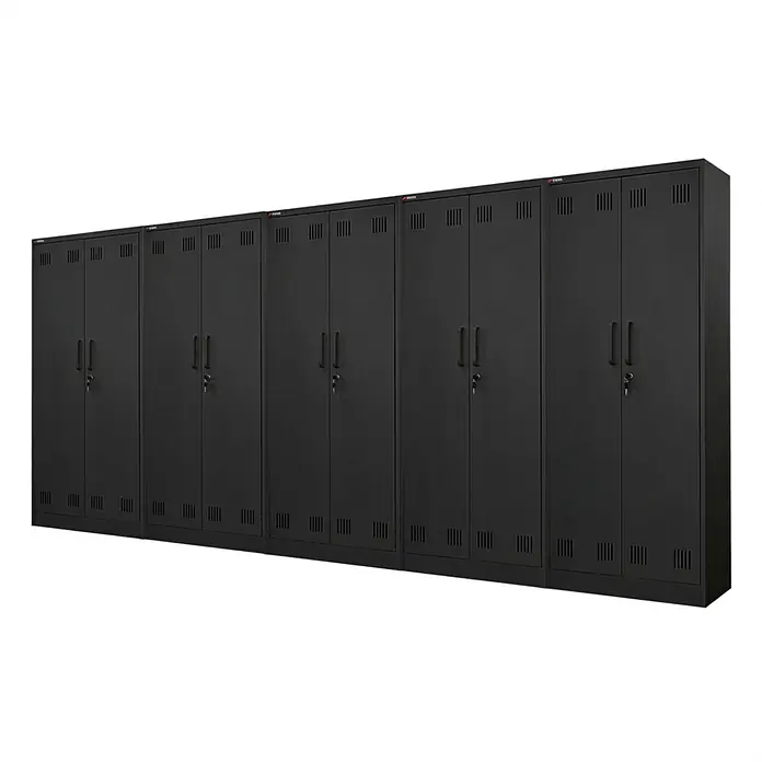 Proregal Metall-Mehrzweckschrank Mega Deal 4x RHINO mit 2 Türen, abschließbar - 30 x 70 x 170 cm, Schwarz - Reihe von sechs schwarzen Metallschränken mit Doppeltüren, Griffen, Schlössern und Lüftungsschlitzen.