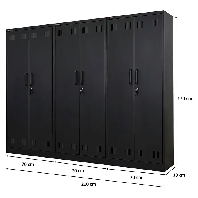 Proregal Metall-Mehrzweckschrank Mega Deal 3x RHINO mit 2 Türen, abschließbar - 30 x 70 x 170 cm, Schwarz - Drei schwarze Metallspinde, jeweils mit zwei Türen, Lüftungsschlitzen, Griffen und individuellen Schlössern zur sicheren Aufbewahrung.
