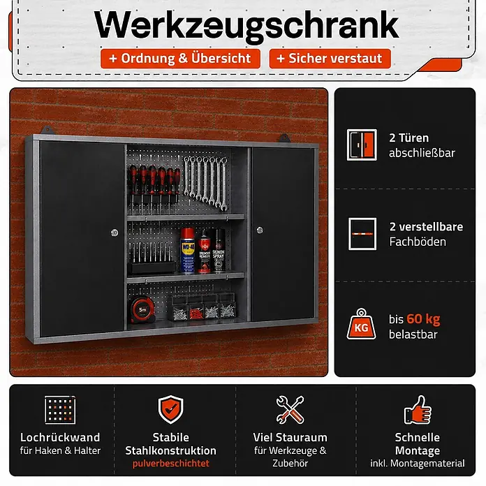 Ondis24 Werkbank-Set - L x B: 240 x 60 cm, Arbeitshöhe: 850 mm, Metall - Wandmontierter Werkzeugschrank in Grau und Schwarz mit Lochwand und verstellbaren Fachböden zur Werkzeugaufbewahrung.