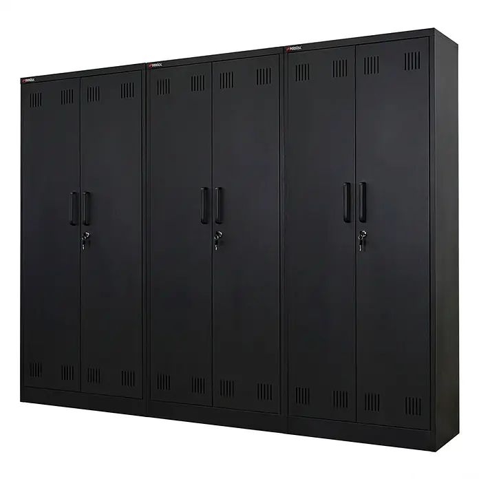 Proregal Metall-Mehrzweckschrank Mega Deal 3x RHINO mit 2 Türen, abschließbar - 30 x 70 x 170 cm, Schwarz - Drei schwarze Metall-Spinde mit Doppeltüren, Griffen, Schlüsseln und Lüftungsschlitzen oben und unten.