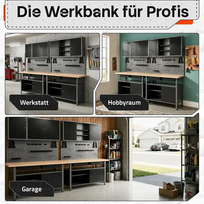 Ondis24 Werkbank-Set - L x B: 240 x 60 cm, Arbeitshöhe: 850 mm, Metall - Schwarzes Metall-Werkbanksystem mit Holzplatte, Lochwänden und Schränken, vielseitig einsetzbar für Werkstatt, Hobbyraum oder Garage.