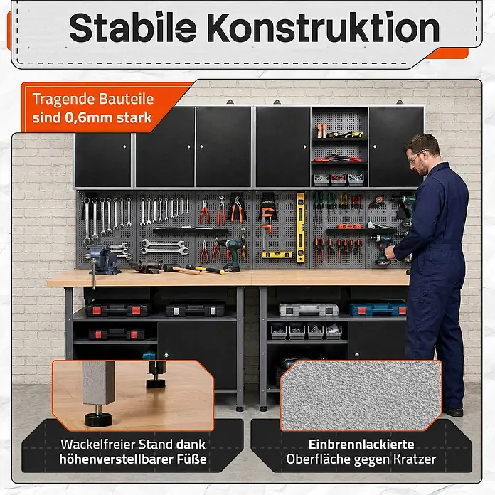 Ondis24 Werkbank-Set - L x B: 240 x 60 cm, Arbeitshöhe: 850 mm, Metall - Stabiles Werkbank-System mit schwarzen Schränken, Lochwänden, Holzarbeitsplatte, höhenverstellbaren Füßen und kratzfester Oberfläche. Ein Mann arbeitet daran.