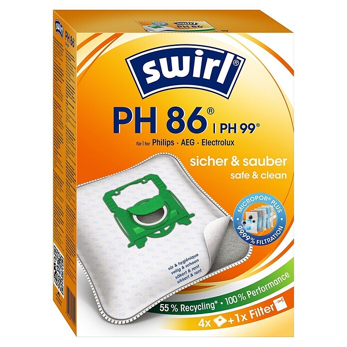 Swirl MicroPor Plus Staubsaugerbeutel PH 86 (4 Stk., Passend für: Philips Staubsauger)