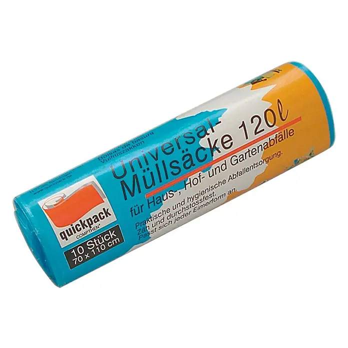 Quickpack Müllbeutel - Fassungsvermögen: 120 l, Blau, 10 Stk. - Eine Rolle Quickpack Universalsäcke mit 120 Litern Fassungsvermögen, ideal für Haus-, Hof- und Gartenabfälle.