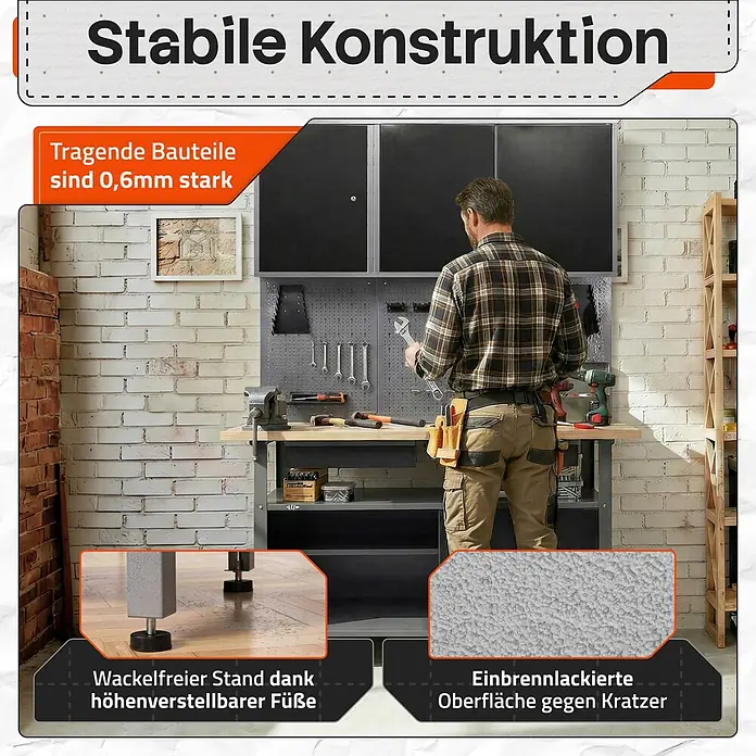 Werkstattset Fritz 120cm Werkstatteinrichtung Schrank & Bank -  - Mann an grauer/schwarzer Werkbank mit Holzplatte, mit stabiler 0,6mm Konstruktion, höhenverstellbaren Füßen und kratzfester Oberfläche.