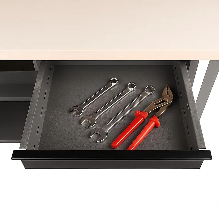 Ondis24 Werkbank-Set - Arbeitshöhe: 850 mm, Metall - Eine offene graue Schublade mit schwarzem Griff, darin drei silberne Schraubenschlüssel und zwei rot-griffige Zangen.