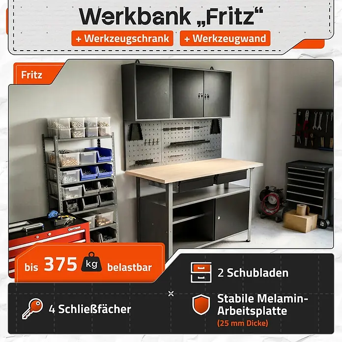 Werkstattset Fritz 120cm Werkstatteinrichtung Schrank & Bank -  - Eine graue und schwarze Werkbank „Fritz“ mit integriertem Werkzeugschrank, Schubladen, Werkzeugwand und heller Holz-Arbeitsplatte in einer Werkstatt.