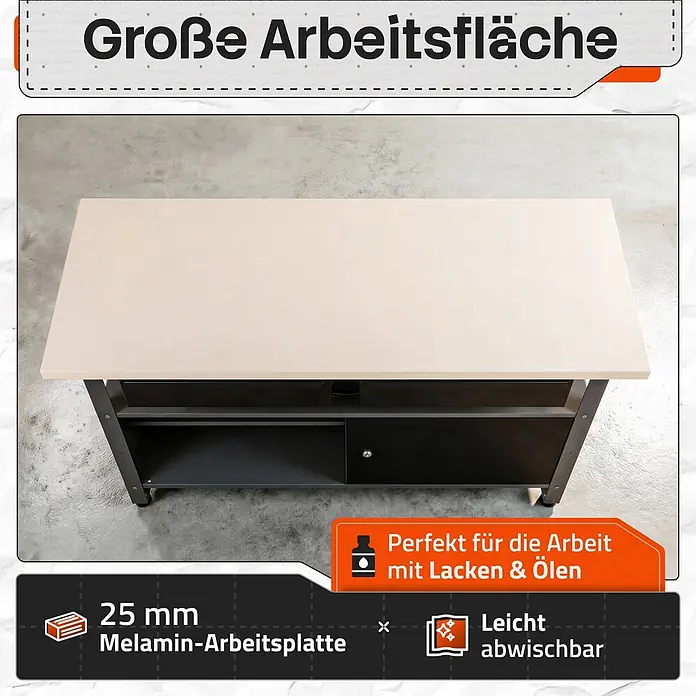 Ondis24 Werkbank-Set - Arbeitshöhe: 850 mm, Metall - Großer Arbeitstisch mit 25 mm Melamin-Arbeitsplatte, ideal für Lacke & Öle, leicht abwischbar, mit Stauraum.
