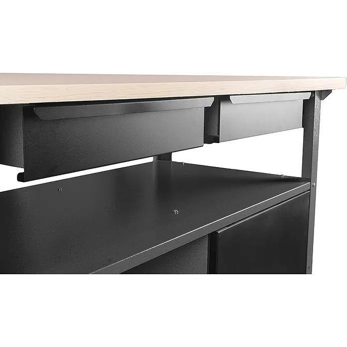 Ondis24 Werkbank-Set - Arbeitshöhe: 850 mm, Metall - Nahaufnahme einer schwarzen Metallwerkbank mit heller Holzplatte, zwei Ausziehschubladen und einer unteren Ablage.