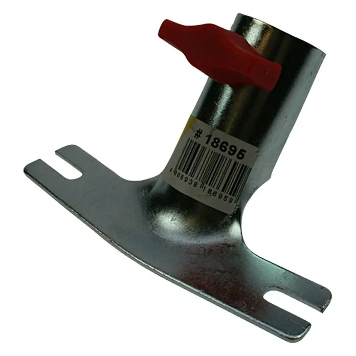 Besenstielhalter Schraubfix - Geeignet für: Stiele bis Ø 28 mm - Ein verchromter Metallrohrverbinder mit rotem Griff, gekennzeichnet mit #18695 und einem Barcode für eine klare Identifizierung.