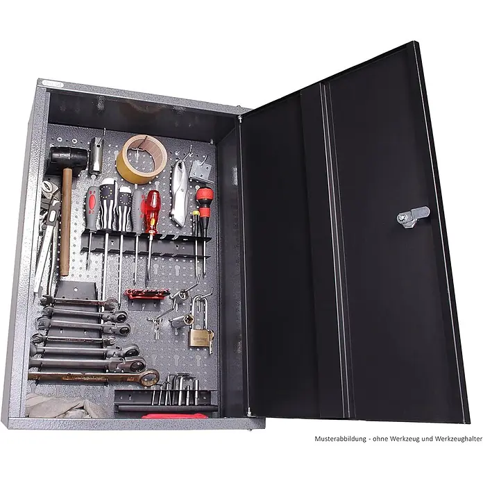 Ondis24 Werkbank-Set - Arbeitshöhe: 850 mm, Metall - Offener dunkelgrauer Metall-Werkzeugschrank mit schwarzer Tür, der auf einer Lochwand geordnete Werkzeuge zeigt.