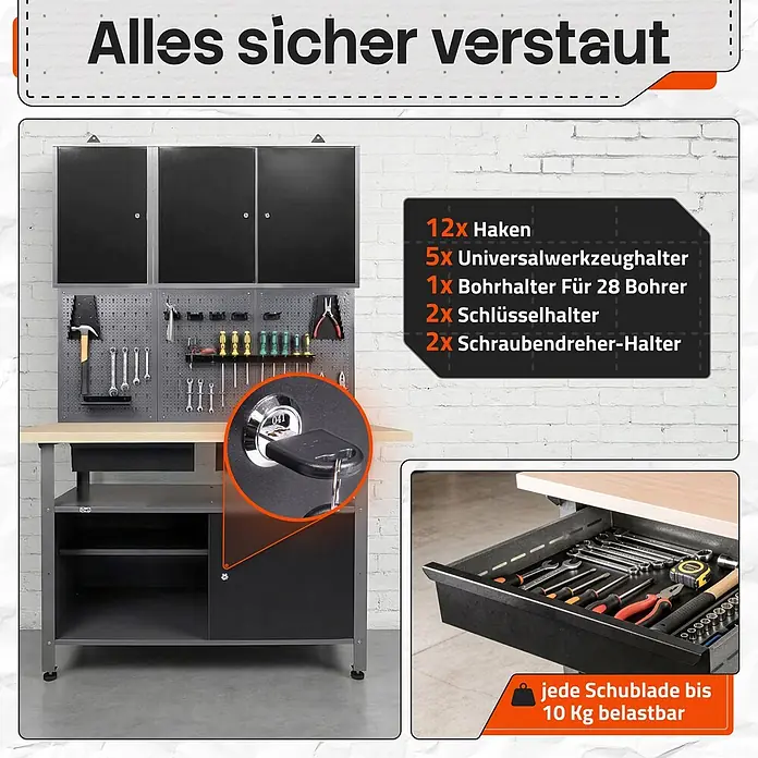 Werkstattset Fritz 120cm Werkstatteinrichtung Schrank & Bank -  - Dunkelgraue Werkbank mit Holzplatte, Oberschränken, Lochwand, 10kg-Schubladen. Inkl. 12 Haken, 5 Universal-, 1 Bohrer-, 2 Schlüssel- und 2 Schraubendreher-Halter.
