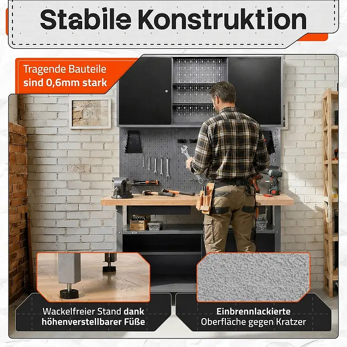 Ondis24 Werkbank-Set - L x B: 120 x 60 cm, Arbeitshöhe: 850 mm, Metall - Ein Mann arbeitet an einer stabilen grauen Werkbank mit schwarzen Schränken und einer Lochwand, ausgestattet mit höhenverstellbaren Füßen und kratzfester Oberfläche.