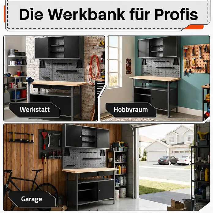 Ondis24 Werkbank-Set - L x B: 120 x 60 cm, Arbeitshöhe: 850 mm, Metall - Ein schwarzes Werkbank-System mit heller Holzplatte, passenden Wandschränken und Lochwänden, gezeigt in Werkstatt, Hobbyraum und Garage.