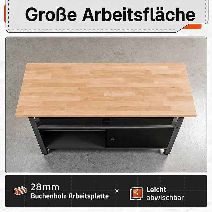 Ondis24 Werkbank-Set - L x B: 120 x 60 cm, Arbeitshöhe: 850 mm, Metall - Geräumige Werkbank mit 28mm Buchenholz-Arbeitsplatte, dunklem Metallrahmen und integriertem Stauraum, leicht abwischbar.