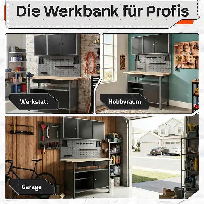 Werkstattset Fritz 120cm Werkstatteinrichtung Schrank & Bank -  - Eine dunkelgraue Werkbank mit Holzplatte, Schränken, Schubladen und Lochwänden, gezeigt in Werkstatt, Hobbyraum und Garage, für vielseitigen Einsatz.