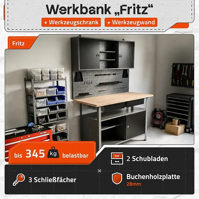 Ondis24 Werkbank-Set - L x B: 120 x 60 cm, Arbeitshöhe: 850 mm, Metall - Dunkelgraue Werkbank "Fritz" mit 28mm Buchenholzplatte, integriertem Werkzeugschrank und Werkzeugwand. 2 Schubladen, 3 Schließfächer, bis 345 kg belastbar.