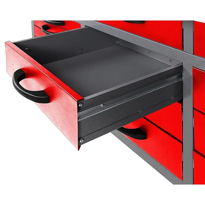 Ondis24 Werkbank-Set - L x B: 160 x 60 cm, Arbeitshöhe: 850 mm, Metall - Offene rote und graue Metallschublade eines Werkstattschranks.