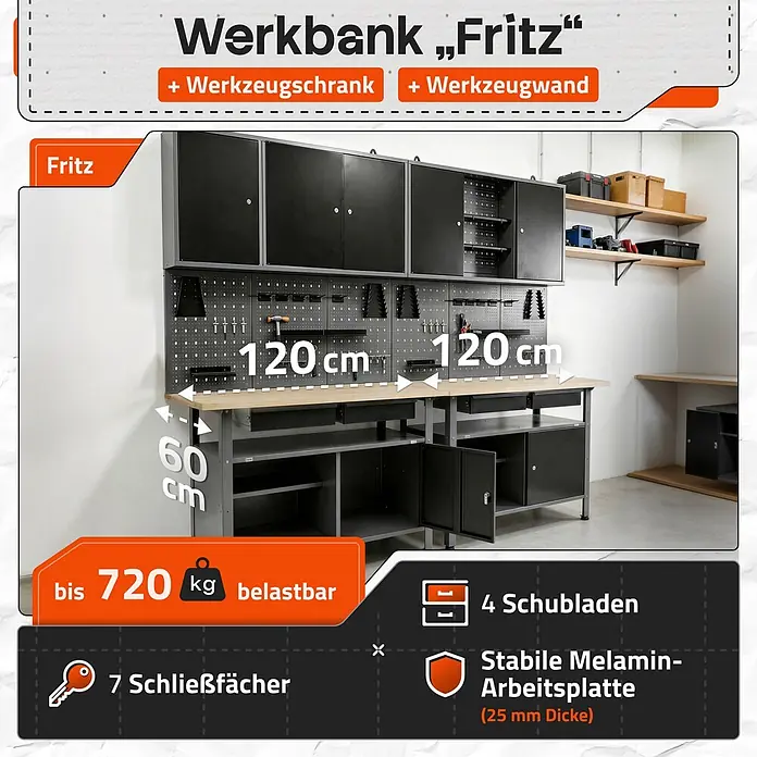 Ondis24 Werkbank-Set - Arbeitshöhe: 850 mm, Metall - Dunkelgraues Werkbanksystem „Fritz“ mit Schränken, Lochwänden und heller Arbeitsplatte. Mit 4 Schubladen, 7 Schließfächern, belastbar bis 720kg.