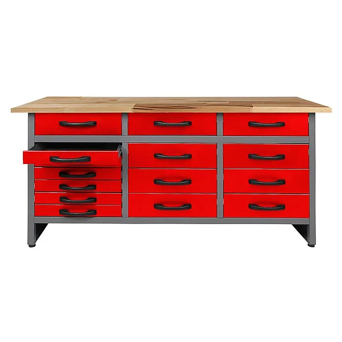 Ondis24 Werkbank-Set - L x B: 160 x 60 cm, Arbeitshöhe: 850 mm, Metall - Roter Werkstattschrank mit Holzplatte und mehreren roten Schubladen, eine geöffnet.