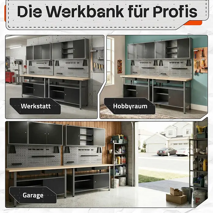 Ondis24 Werkbank-Set - Arbeitshöhe: 850 mm, Metall - Modulares Werkbanksystem in Schwarz und Grau mit Holzplatte und Lochwänden, gezeigt in Werkstatt, Hobbyraum und Garage.