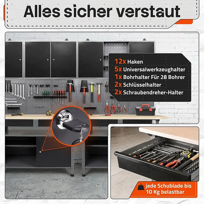 Ondis24 Werkbank-Set - Arbeitshöhe: 850 mm, Metall - Graues und schwarzes Werkstatt-Werkbank-System mit integrierter Werkzeugaufbewahrung, Lochwand, abschließbaren Schränken und 10 kg belastbaren Schubladen.