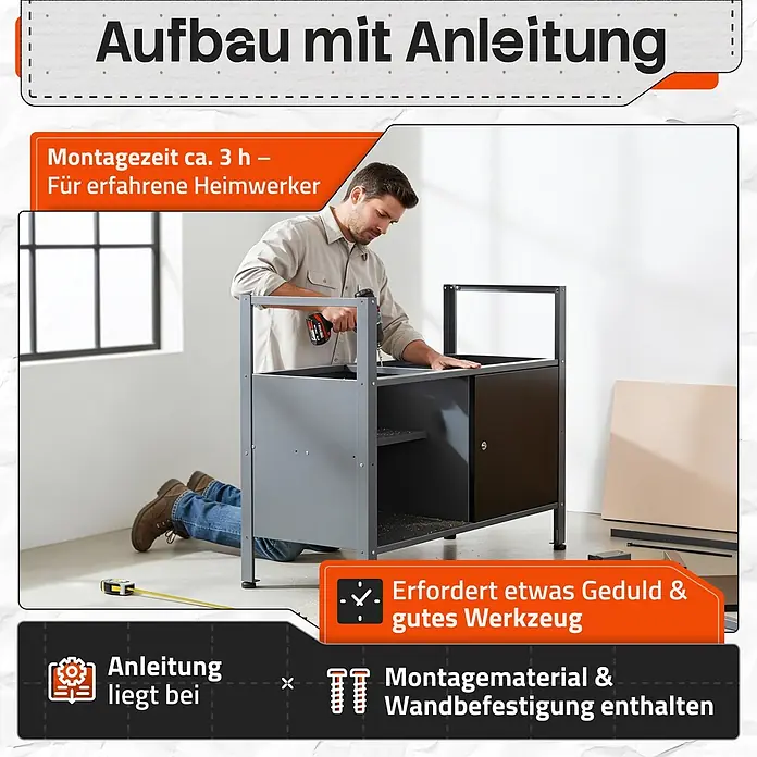 Ondis24 Werkbank-Set - Arbeitshöhe: 850 mm, Metall - Ein Mann montiert einen grauen Metallschrank mit schwarzen Türen und Regalen.