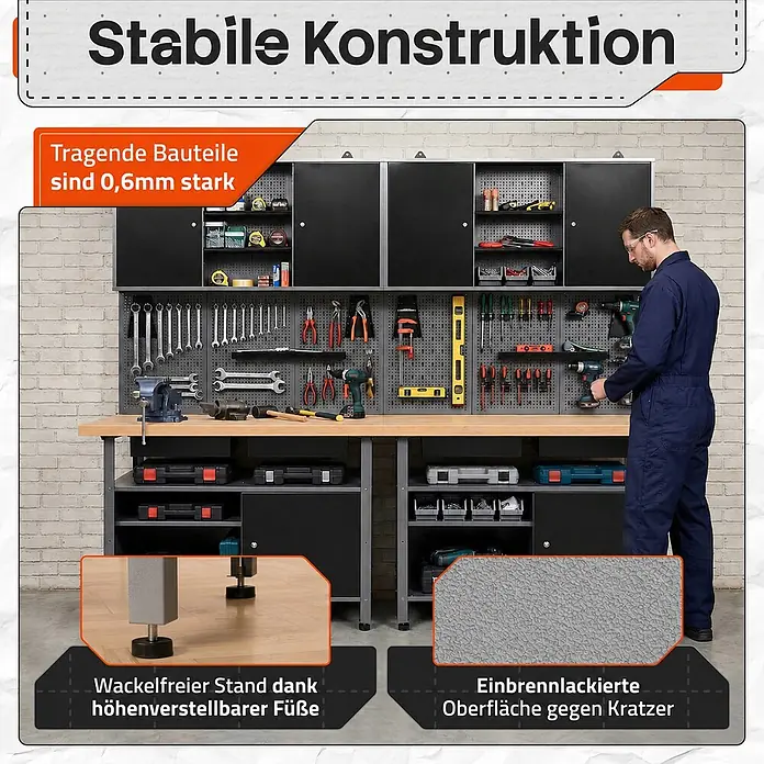Ondis24 Werkbank-Set - Arbeitshöhe: 850 mm, Metall - Ein Mann arbeitet an einem schwarzen und hölzernen Werkbank-System mit Lochwänden und Stauraum. Es hat verstellbare Füße und eine kratzfeste Einbrennlackierung.