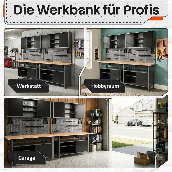Ondis24 Werkbank-Set - Arbeitshöhe: 850 mm, Metall - Modulares schwarzes Metall-Werkbanksystem mit Holzplatte und Lochwänden, gezeigt in Werkstatt, Hobbyraum und Garage.