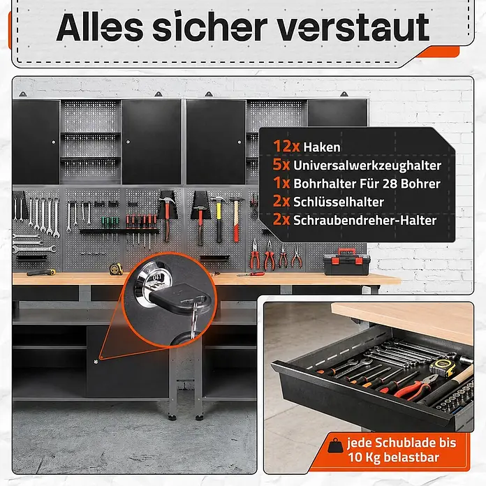 Ondis24 Werkbank-Set - Arbeitshöhe: 850 mm, Metall - Graue Metall-Werkbank mit schwarzen Schränken, Holzplatte und Lochwänden. Bietet organisierte Werkzeugaufbewahrung und abschließbare Fächer.