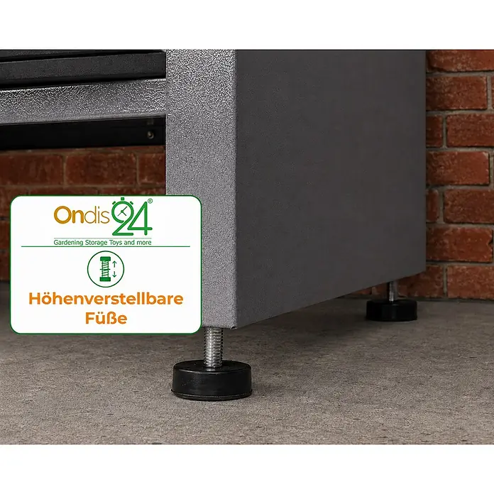 Ondis24 Werkbank-Set - Arbeitshöhe: 850 mm, Metall - Grauer Schrank mit höhenverstellbaren Füßen auf einem Boden.