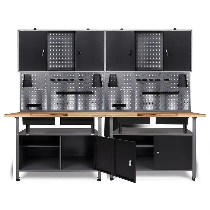 Ondis24 Werkbank-Set - Arbeitshöhe: 850 mm, Metall - Graue Metallwerkbank mit Holzplatte, schwarzen Stauschränken und Lochwand.