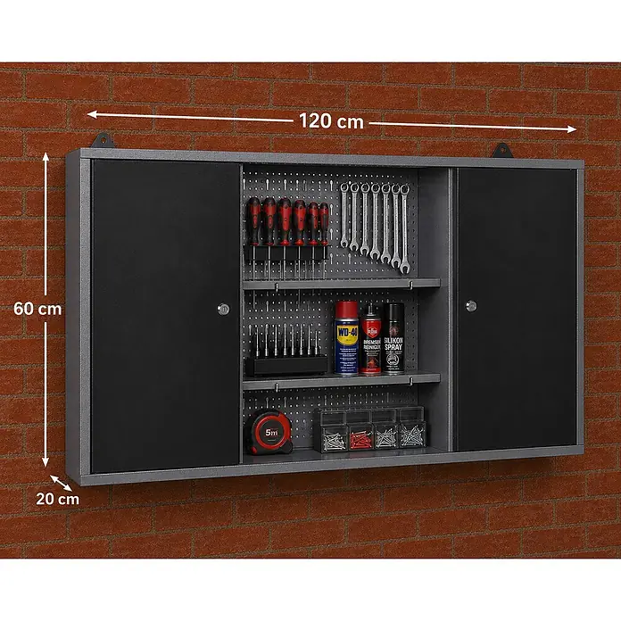 Ondis24 Werkbank-Set - Arbeitshöhe: 850 mm, Metall - Wandhängender Werkzeugschrank aus Metall in Grau/Schwarz mit Schiebetüren, Lochwand & Regalen, 120x60x20 cm.