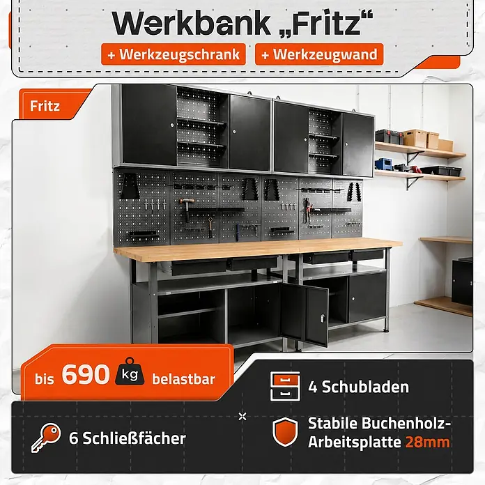 Ondis24 Werkbank-Set - Arbeitshöhe: 850 mm, Metall - Graue und schwarze Werkbank 'Fritz' mit Buchenholzplatte, Werkzeugschrank, Werkzeugwand, 4 Schubladen und 6 Schließfächern.